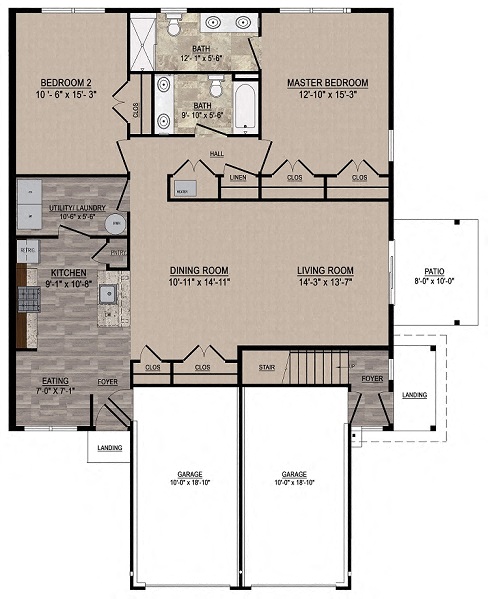 Floor plan for 2 beds, 2 baths, 1290 sqft